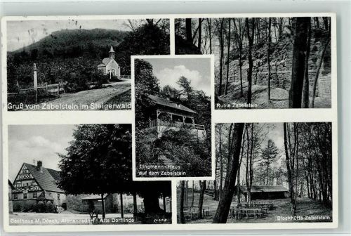 97513 W8721 Altmannsdorf , Unterfr - Ruine Zabelstein Zabelstein im Steigerwald Blockhütte Zabelstein Lingmann Haus auf dem Zabelstein alte Dorflinde