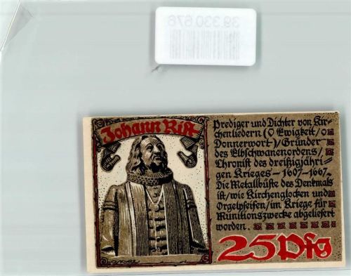 Wedel Notgeld 25 Pfennig Wappen Kaiser Schwert Rot Weiß Johann Rist Prediger Dichter 1921