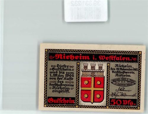 Nieheim Notgeld 50 Pfennig Wappen Türme Rot Gold Weber´s Wohnhaus