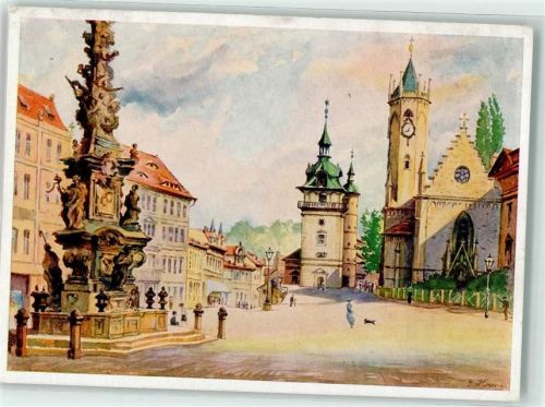 Teplice Schloßplatz Turm Uhr Säule Frau Hund sign. Gerhard Horn