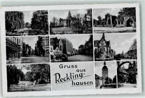 45657 W4350 Recklinghausen , Westf - Ehrenmal Schwanenteich Markt Petruskirche Engelsburg