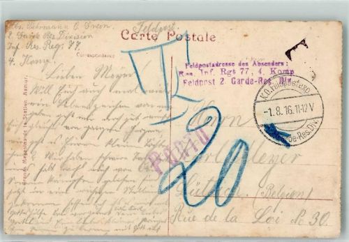 1916 K. D. Feldpostexped. Garde-Res. Div. Nachporto Taxe Feldpostadresse Res. Inf. Rgt 77 4. Komp. Feldpost 2 Garde-Res. div.