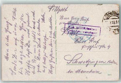 Strasbourg 1918 Stempel aus militärischen Gründen verzögert Münster