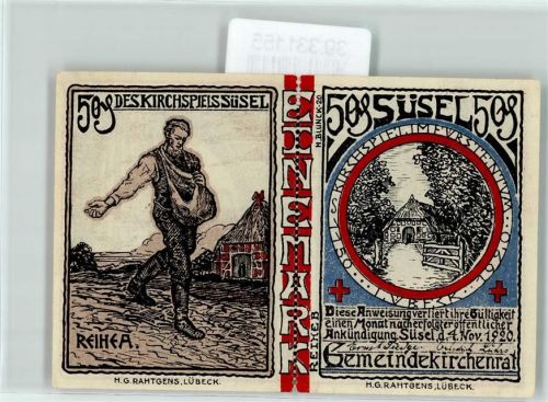 Süsel Notgeld 50 Pfennig Mann Beutel Kirche Kirchspiels Reihea