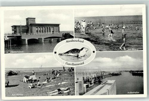 Carolinensiel Strand Hafen Seeschleuse Robbe Fischkutter