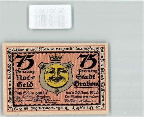 Grabow Notgeld 75 Pfennig Wappen Krone Mond Stern Reben Ähre