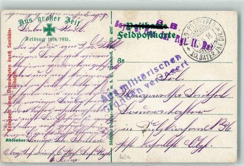 1916 Feld-Postexp. 10. Bayr. Inf. Div. Aus militärischen Gründen verzögert
