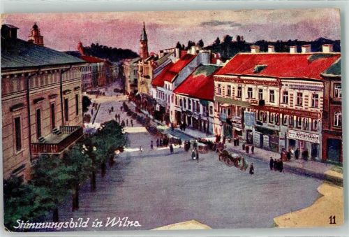 Wilna Vilnius 1916 Künstlerkarte Stimmungsbild Feldpost Geschäfte Turm