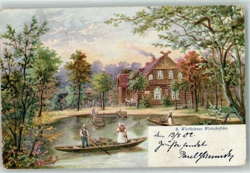 Lübbenau 1902 Gasthaus Wotschofska See Ruderboote sign. H. S.