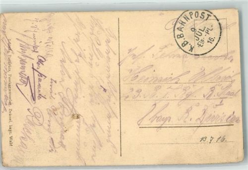 K. B. Bahnpost Eis. - Pl. Zwiesel Bahnpoststempel 1916