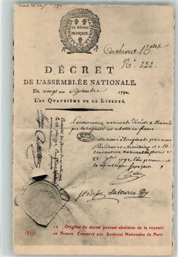Nr. 12 Original du decret portant abolition de la royaute en France Politik