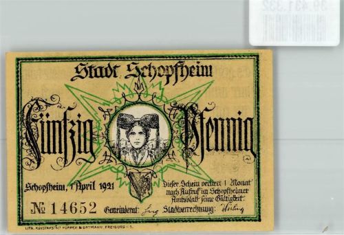 Schopfheim 1921 Fünfzig Pfennig Nr.14652 Tracht Hans und Verene Gedicht Johann Peter Hebel