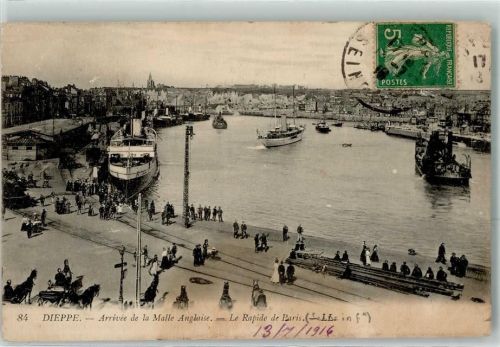 Dieppe Arrivee de la Malle Anglaise Le Rapide de Paris Schiff Boot Hafen Kutsche Kirche