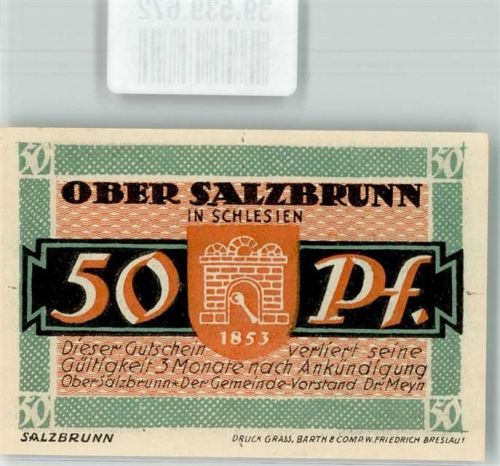Bad Salzbrunn 1921 Notgeld 50 Pfennig 700 Jahrfeier