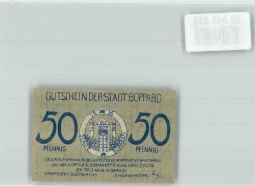 Boppard 1920 50 Pfg. Gutschein der Stadt Boppard