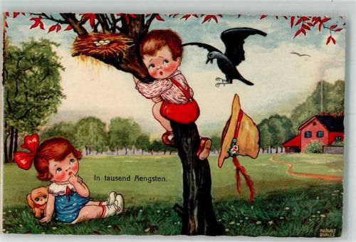 1931 In tausend Ängsten Junge wird beim Eier klauen von einem Vogel attackiert während Hund und Mädchen ängstlich zuschauen Amag 0321
