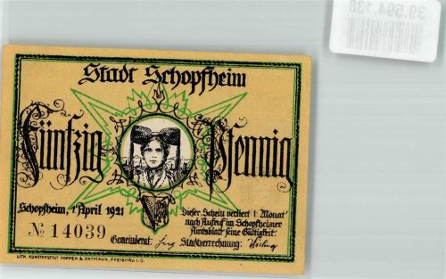 Schopfheim 1921 Schwarzwaldtracht 50 Pfennig Wappen Der Mann im Mond sign. J.P. Hebel
