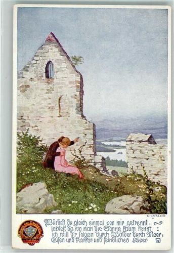 sign. Kutzer Mann und Frau sitzen eng beieinander in alter Ruine Bund der Deutschen in Niederösterreich Karte Nr. 71