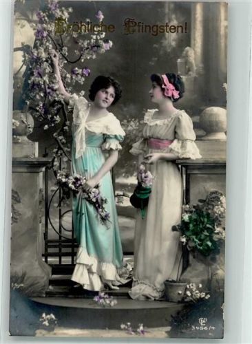 1912 Gustasv Liersch Serie 3456/4 Frauen mit Blütenzweige Mode handkoloriert