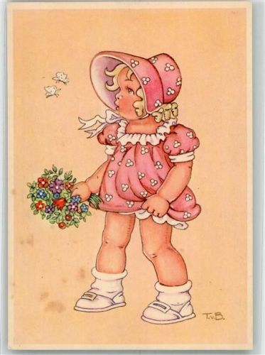 1944 sign. T.v.B. Mädchen im roten Kleid mit buntem Blumenstrauß beobachtet zwei Schmetterlinge