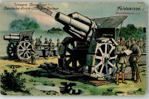 WK I Deutsche Mörser Batterie Soldaten Feldskizze Künstlerkarte