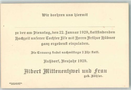 07580 O6501 Rußdorf KEINE AK Hochzeiteinladung Albert Mittenentzwei und Frau geb. Köhler