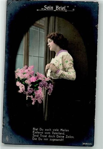 1917 Frau steht am Fenster, Flieder "Sein Brief" Verlag PFB 3580/6 WK I handkoloriert