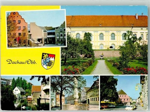 Dachau Scjlossgarten Blumen Brunnen Auto Gasthaus Wappen