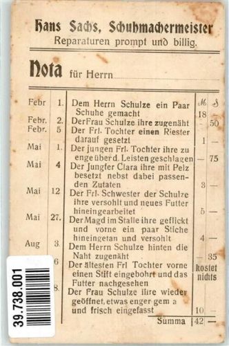 Nota des Schuhmachermeisters Hans Sachs