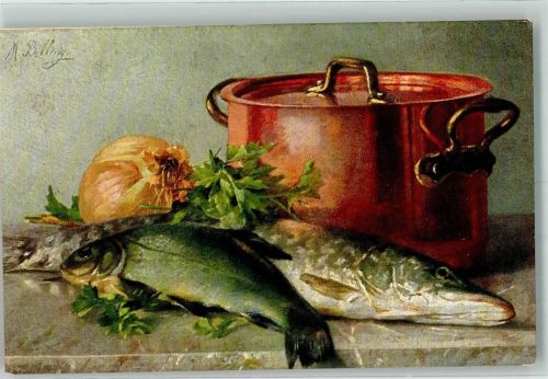 Stilleben Fische Zwiebeln H.K.Co. u. M. 609