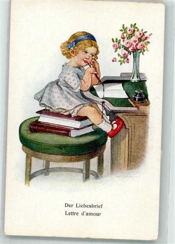 A.R. und C i. B. Nr. 1183/1 Kind Mädchen schreibt Blumen Tintenfass