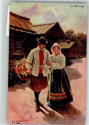 Mann und Frau in norwegischer Tracht auf dem Weg durchs Dorf