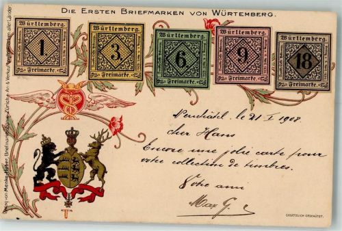 1908 Ersten Briefmarken von Württemberg Wappen Verlag Menke-Huber Briefkartenbörse
