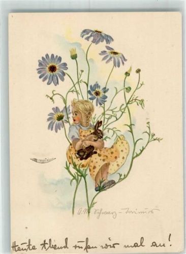 1943 sign. Schwarz-Torinus Mädchen sitzt mit Hasen in ihren Armen in einer Blume Verlag Georg Michel 775 Künstlerkarte