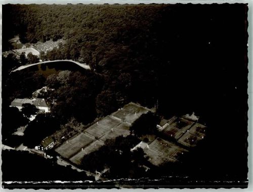 Hilden Fliegeraufnahme Tennis TC Stadtwald mit Teich und Waldschwimmbad Foto Original aus Archiv eines Ansichtskartenverlags Ort handschriftlich