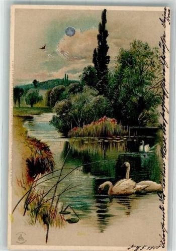 1900 Mondschein Karte Serie XV Schwäne auf dem See