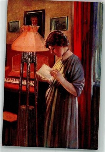 1920 Interieur Frau beim Lesen Liebeserklärung sign. Kroj T.