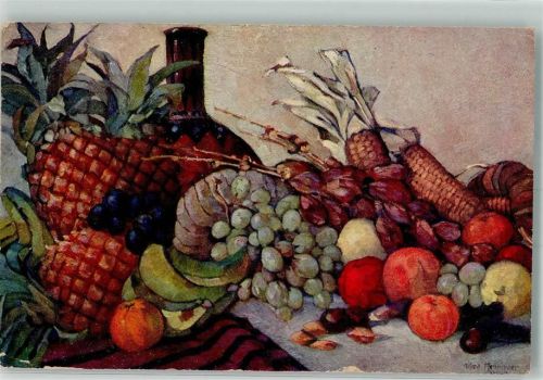 1915 sign. Menninger Alfred Ananas Trauben Mandarien Früchte Kolonialkriegerdank