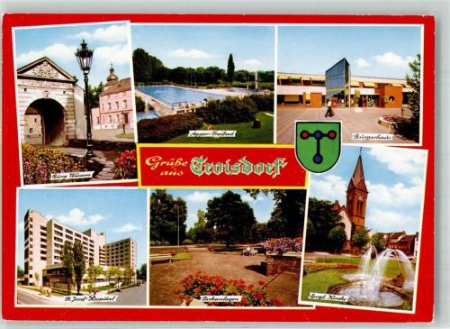 53840 W5210 Troisdorf 1985 Foto AK Wappen Schwimmbad Krankenhaus Burg Wissem Ev. Kirche Bürgerhaus