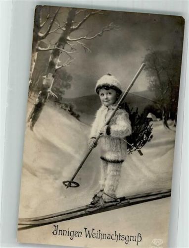 1921 Kind im Strickanzug mit Mütze kl. Tannenbaum auf dem Rücken Weihnachten Verlag EAS