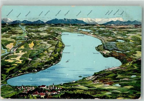 Feldafing 1912 Vogelschau des Starnberger Sees mit Anrainerorten und Alpenpanorama Verlag Zieher, Ottmar Nr. 2011