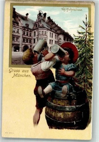München 1906 Kinder leeren auf einem Bierfaß sitzend einen Bierkrug Verlag Zieher, Ottmar