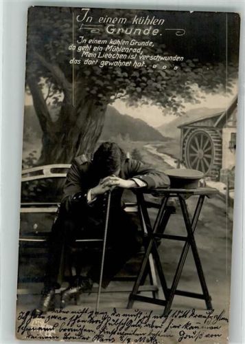 1912 Landser grämt sich um den Verlust seiner Liebsten Fotostudioaufnahme Wassermühle R & K.L. 517 Maschinenstempel