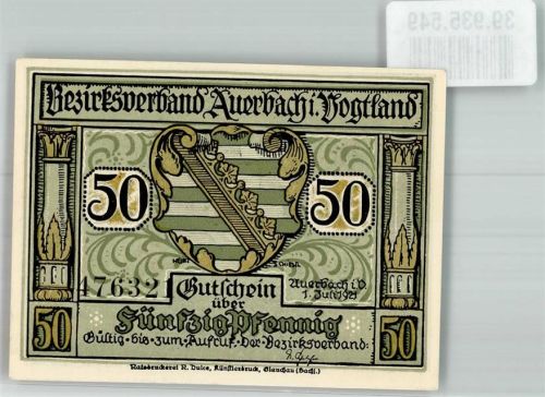 Auerbach 1921 Gutschein über 50 Pfennig Stadtwappen Scherenschnitt Landvogt von Hans Kinder