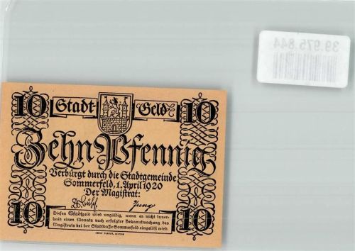 Sommerfeld 1920 Stadtgeld über 10 Pfennig Rathaus und Kirche
