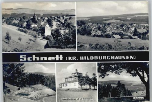 Schnett Winter- Karte, Kirche, Ortsansicht, Waldbad, Jugendherberge Ernst Heilmann, Schafgrund