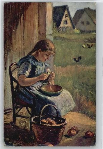 1917 Mädchen Hühner Kartoffeln schälen Verlag Rehn und Linzen Nr.1675