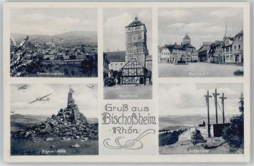 Bischofsheim Kirche, Ortsansicht, Kreuzberg, Stadtturm, Marktplatz, Segelflugzeuge