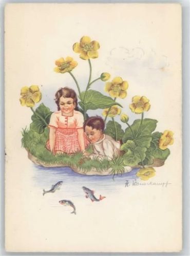 sign. Wasserkampf Blumen Kind Fisch AKU1