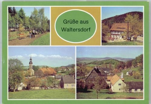 Waltersdorf Parkanlage, Gaststätte Grenzbaude, Kirche, Blick zum Butterberg